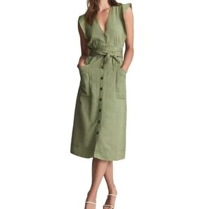 Reiss Olive Green Linen Blend Emma Plunge Frill Shoulder Dress 6